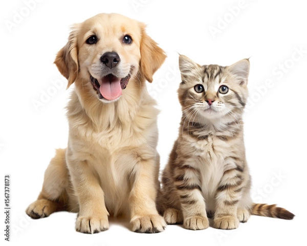 Fototapeta Cute golden retriever puppy and tabby kitten sitting together isolated on white background