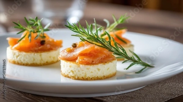 Obraz Delicious smoked salmon appetizers on creamy cheese biscuit with fresh dill garnish.