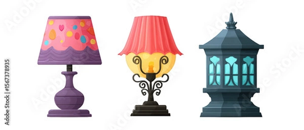 Obraz Three decorative lamps in various styles, showcasing vibrant colors and designs