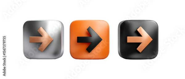 Obraz Three distinct arrow icons in metallic, orange, and black styles on a transparent background, ideal for digital design