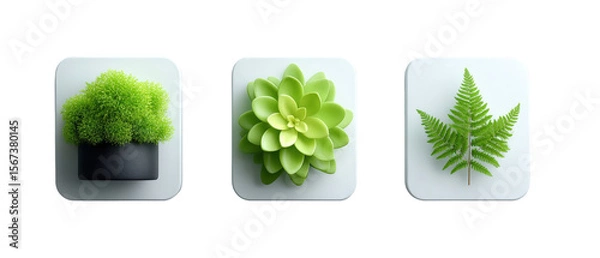 Obraz Three distinct green plants displayed in modern pots, showcasing nature's beauty in a minimalist setting