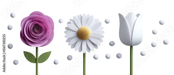 Obraz Three distinct flowers with vibrant colors arranged in a row, set against a subtle background
