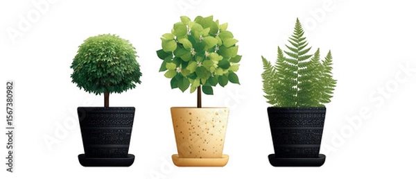 Obraz Three distinct potted plants in decorative pots showcasing varying foliage textures and shapes