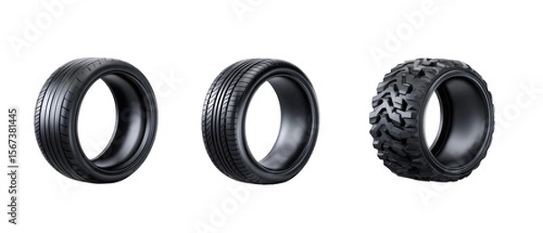 Obraz Three distinct tire designs showcasing various tread patterns against a black background