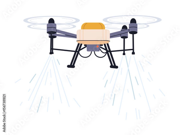 Fototapeta Flat vector illustration of drone for spraying pesticides, water, and fertilizers on crops isolated on white background. Future farm agriculture concept