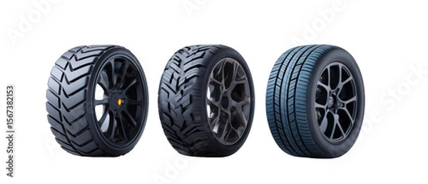 Obraz Three distinct types of car tires showcasing various tread patterns against a clean background