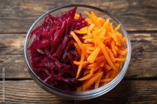 Fototapeta Fresh shredded beet and carrot salad in glass bowl on rustic wood background.