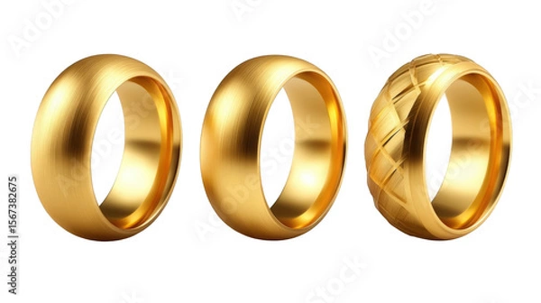 Obraz Three elegant gold wedding rings displayed against a transparent background, showcasing unique designs