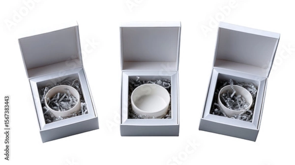 Obraz Three elegantly packaged ceramic bowls in white boxes with decorative filling, showcasing modern design