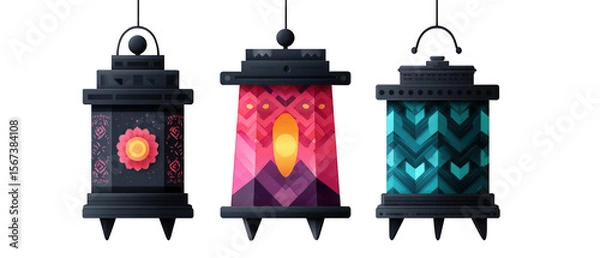 Obraz Three intricately designed lanterns showcasing vibrant patterns and colors, ideal for festive decoration