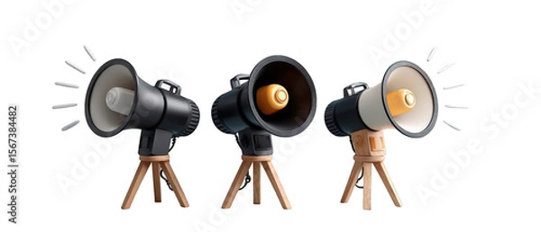 Obraz Three megaphones on wooden tripods, showcasing different designs and colors, with a clean background