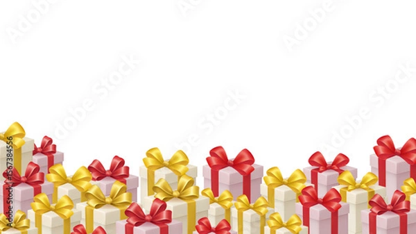 Fototapeta Pile of Gifts Ready for Delivery Beautiful Red and Gold Ribbons, Top Space for Text or Logo, Gifting, Bonus, Reward.