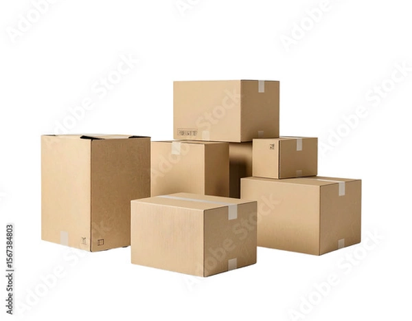 Fototapeta Stack of various sized cardboard boxes ready for shipping or moving