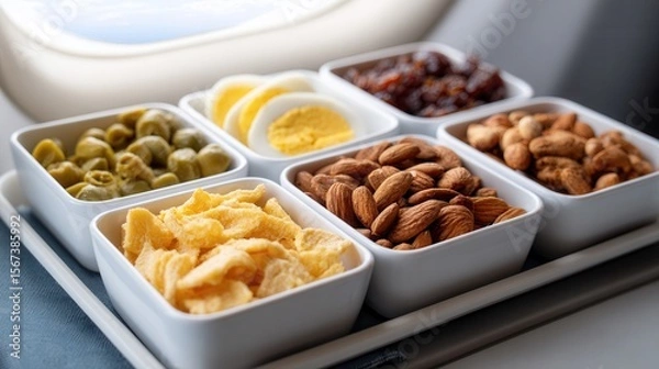 Fototapeta Assorted snack tray on airplane with nuts and healthy options near window.