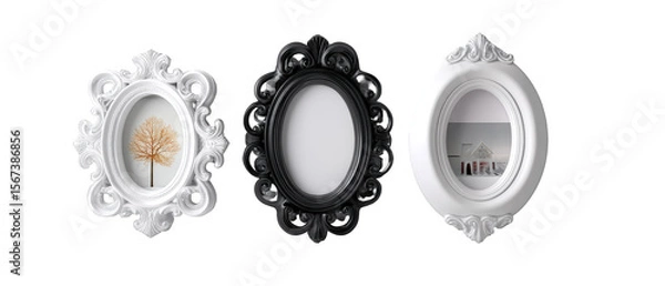 Obraz Three ornate picture frames in various colors showcasing a minimalist design with a tree motif