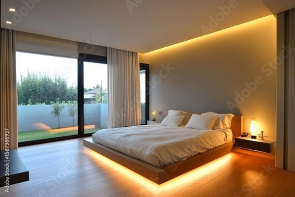 Fototapeta Minimalist modern bedroom with floating wooden bed frame, warm ambient lighting, floor-to-ceiling windows, serene cozy atmosphere, stylish elegant interior design for luxury contemporary living