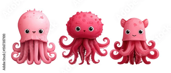 Obraz Three playful cartoon octopuses in vibrant pink hues, showcasing unique expressions and shapes
