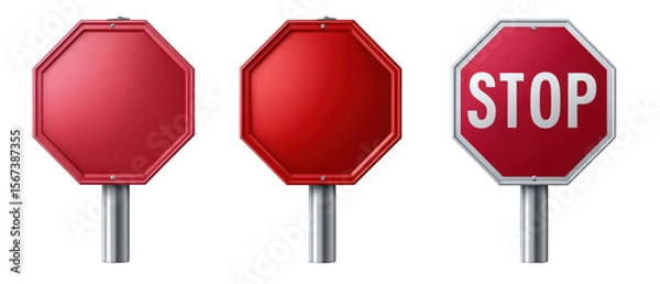Obraz Three stop signs displayed in a row, showcasing variations in design and color, with a clear urban backdrop