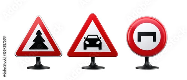 Obraz Three traffic signs indicating caution for trees, vehicles, and restricted access in an urban setting