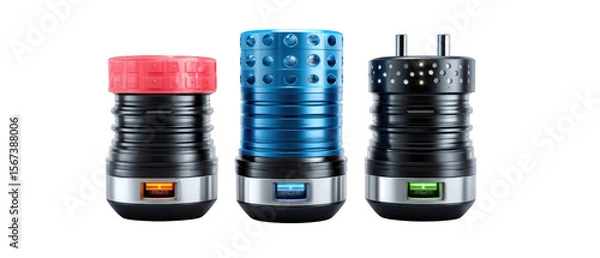 Obraz Three uniquely designed portable speakers in vibrant colors, showcasing innovative features and modern aesthetics