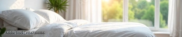 Fototapeta Sunlit Bedroom with Freshly Laundered Linens Sparkling Clean and Perfectly Organized