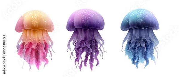 Obraz Three vibrant jellyfish floating gracefully in a serene underwater scene with soft lighting
