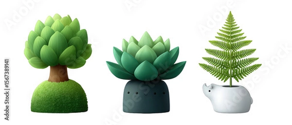 Obraz Three whimsical potted plants featuring a tree, succulent, and fern in a playful design