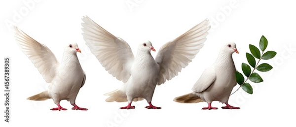 Obraz Three white doves in flight, one holding a green olive branch, symbolizing peace