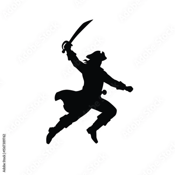 Fototapeta Black silhouette of a pirate jumping with sword action