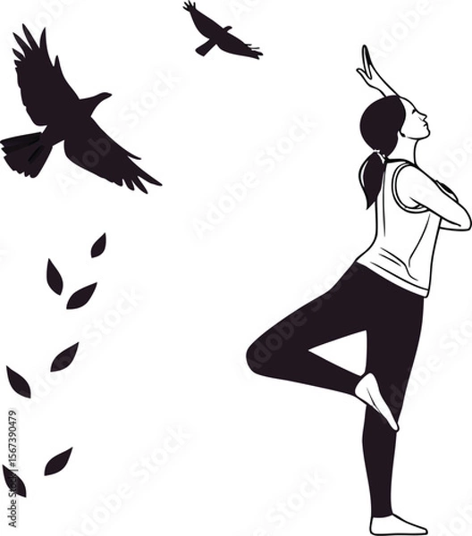 Fototapeta Yoga with Bird Flying Around Silhouette Vector