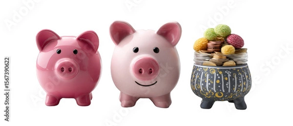 Obraz Two cheerful piggy banks and a decorative jar filled with colorful candies on a white background