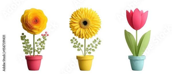 Obraz Vibrant arrangement of three flower pots featuring a yellow rose, sunflower, and pink tulip, set against a clean background