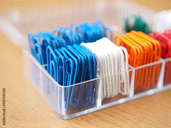 Fototapeta Organized Colorful Paperclips in a Clear Plastic Container