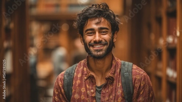 Fototapeta Young smiling Indian male student standing in university library with backpack