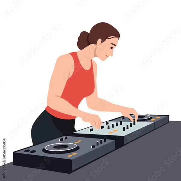 Fototapeta Female DJ Mixing Music at the Console. Flat vector illustration isolated on white background