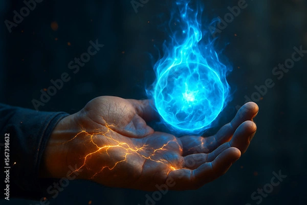 Fototapeta AI generated fantasy image of a glowing blue flame floating above a human hand with orange lightning veins representing energy control mystic force and supernatural awakening in a dark magical setting