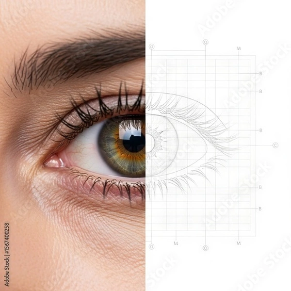 Fototapeta Conceptual split view of a realistic human eye and a 2D vector grid, symbolizing vision and structured planning