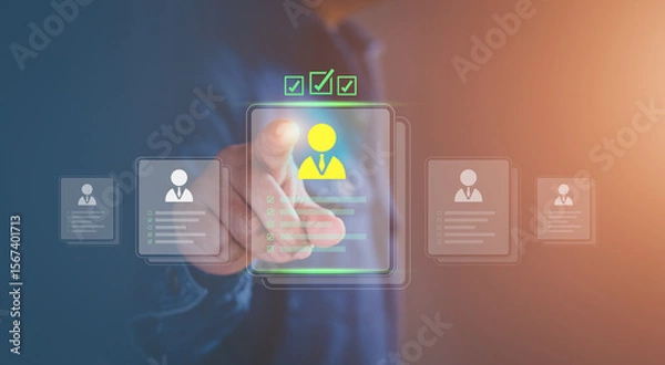 Obraz Recruitment and candidate, HR Human resources Recruitment Team Staff management, finding job, Search for resume register, job interview, find your career, selection interface and digital profiles