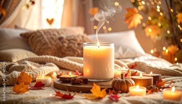 Fototapeta Lit candle and autumn leaves on bed – warm and cozy fall ambiance for relaxing indoors.