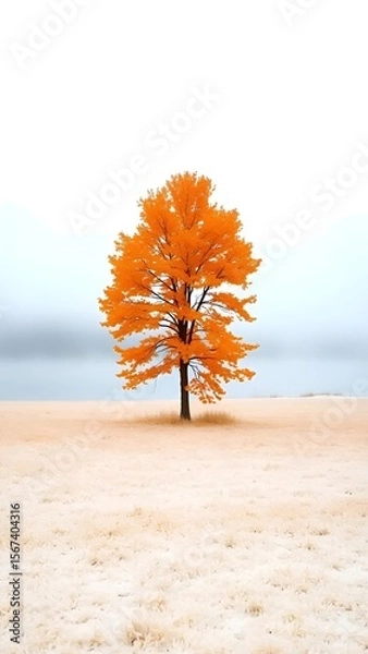 Fototapeta Vibrant Orange Tree in Frosty Field with Bright Sky Autumn Scene