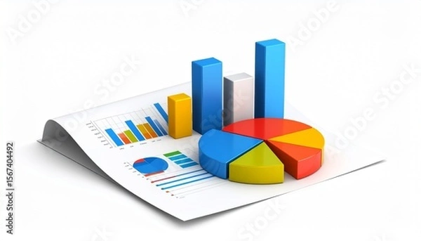 Fototapeta 3D pie chart graph illustrating business financial success and market growth with an up arrow diagram