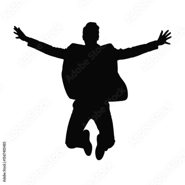 Fototapeta Silhouette of a man in a suit jumping with arms outstretched in celebration