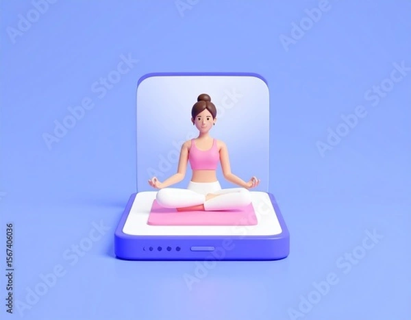 Fototapeta Finding inner peace a woman meditates virtually embracing mindfulness on a smartphone against a soft