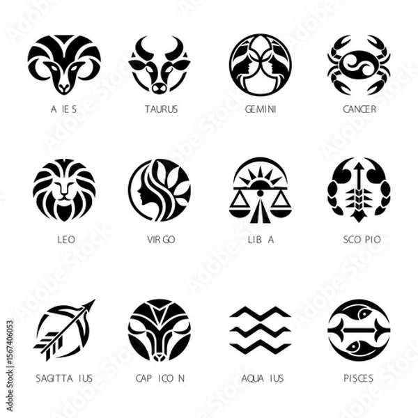 Fototapeta A black and white flat icon set of the 12 zodiac signs featuring stylized, minimalistic representations of Aries, Taurus, Gemini, Cancer, Leo, Virgo, Libra, Scorpio, Sagittarius, Capricorn, Aquarius, 