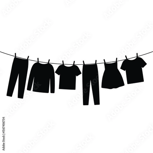 Obraz Black silhouette of various clothing items drying on a clothesline