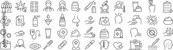 Obraz ベクターでモノクロの薬局に関する線画アイコンセット
