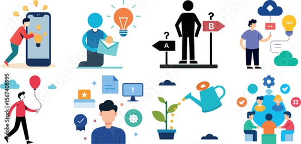 Fototapeta Set Of All good ideas. Set of vector illustrations of big idea, startup, creative and business idea, tips, brainstorming, project development
