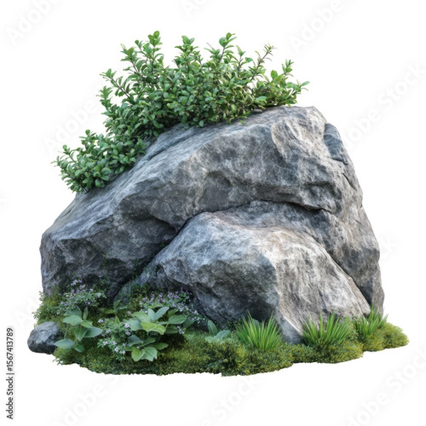 Fototapeta Gray boulder lush greenery isolated on a transparent background