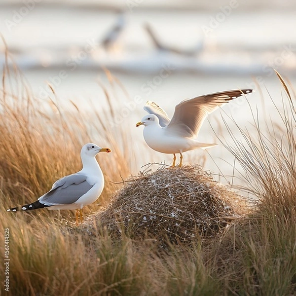Fototapeta Kelp SeaGull (Larus dominicanus) Displaying Wings while nesting on Magdalena Island, Punta Arenas, Chile.
