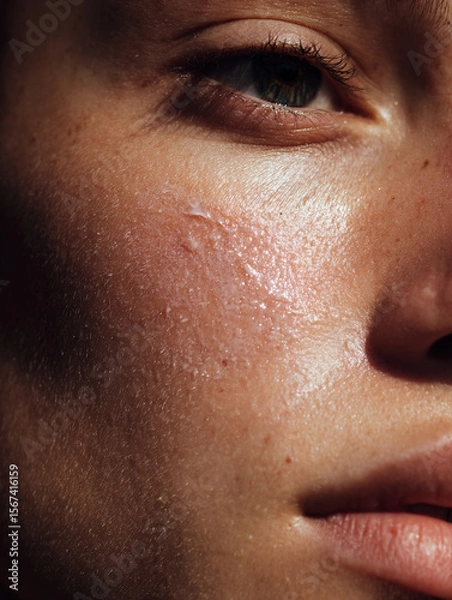 Obraz Close up shot of a woman's cheek with a soft smear of skincare cream. Portrait for Skincare product